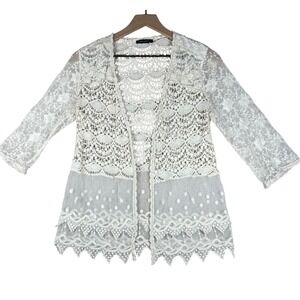 Lauren Michelle Womens Ivory Lace Crochet Open Front Cardigan Boho Mesh